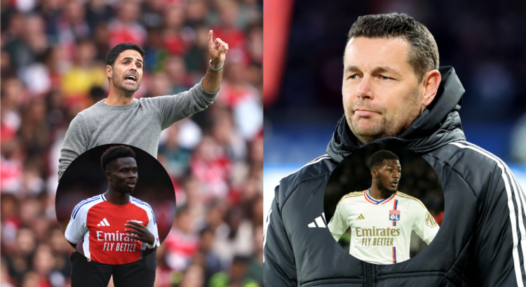 A composition of images featuring Arsenal boss Mikel Arteta and Arsenal star Bukayo Saka next to Lyon manager Pierre Sage and Lyon star Ainsley Mai...