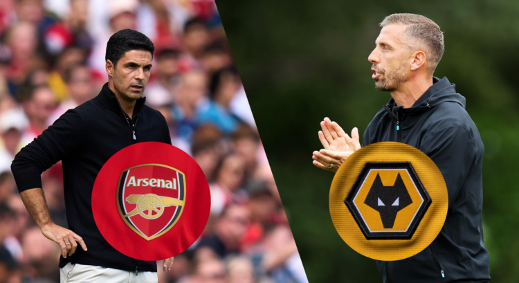An image features Mikel Arteta and an Arsenal badge next to Gary O'Neil and a Wolves badge.