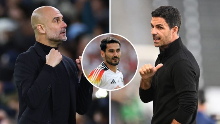 Split image of Mikel Arteta and Pep Guardiola. Inset, Ilkay Gundogan.