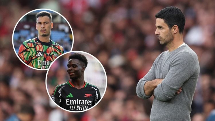 Mikel Arteta looks on during the pre-season friendly match between Arsenal and Bayer 04 Leverkusen. Inset, Gabriel Martinelli and Bukayo Saka.