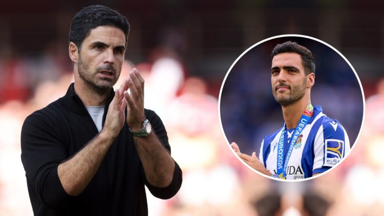 Mikel Arteta, Manager of Arsenal, applauds the fans following the team's victory. Inset, Mikel Merino.