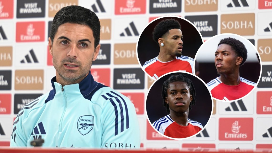 Arsenal manager Mikel Arteta attends a press confernece at Sobha Realty Training Centre. Inset, Myles Lewis-Skelly, Ethan Nwaneri, and Ayden Heaven.