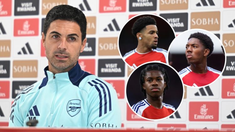 Arsenal manager Mikel Arteta attends a press confernece at Sobha Realty Training Centre. Inset, Myles Lewis-Skelly, Ethan Nwaneri, and Ayden Heaven.