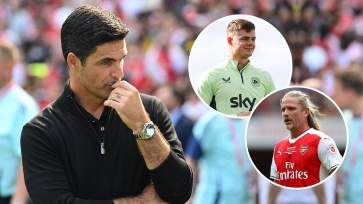 Arsenal manager Mikel Arteta during the Emirates Cup match between Arsenal and Olympique Lyonnais at Emirates Stadium. Inset, Emmanuel Petit and Ev...