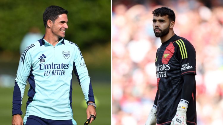 Split image of Mikel Arteta and David Raya.
