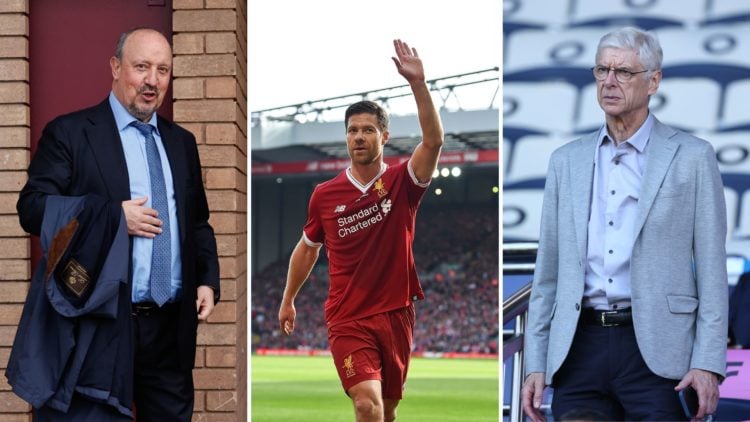 Split image of Rafael Benitez, Xabi Alonso, and Arsene Wenger.