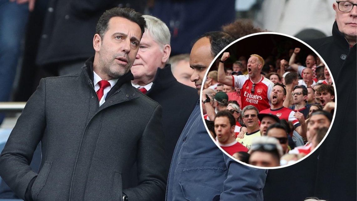 Sporting Director of Arsenal, Eduardo Cesar Daud Gaspar, known as Edu (C) looks on during the Premier League match. Inset, Arsenal fans reacting.