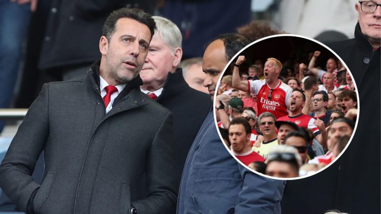 Sporting Director of Arsenal, Eduardo Cesar Daud Gaspar, known as Edu (C) looks on during the Premier League match. Inset, Arsenal fans reacting.
