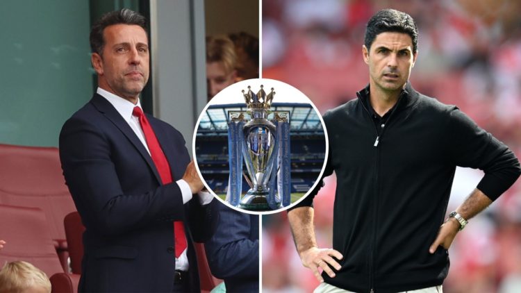 Split image of Edu Gaspar and Mikel Arteta. Inset, the Premier League trophy.