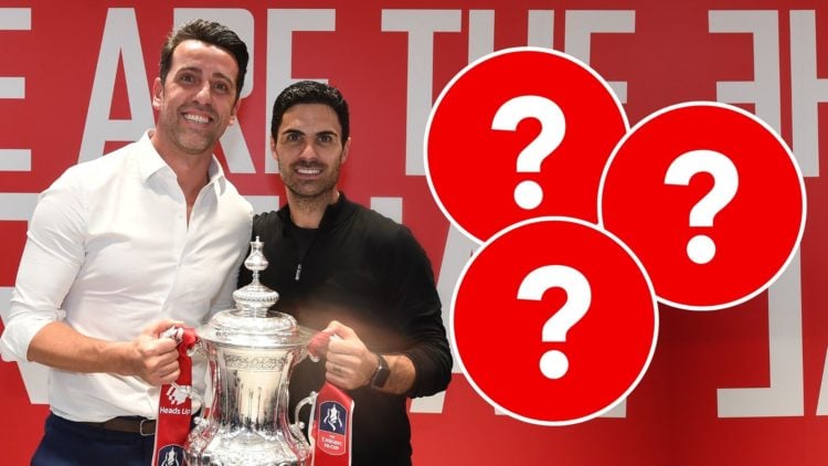 Arsenal Technical Director Edu and Head Coach Mikel Arteta celebrate after the FA Cup Final match. Inset, three question marks.