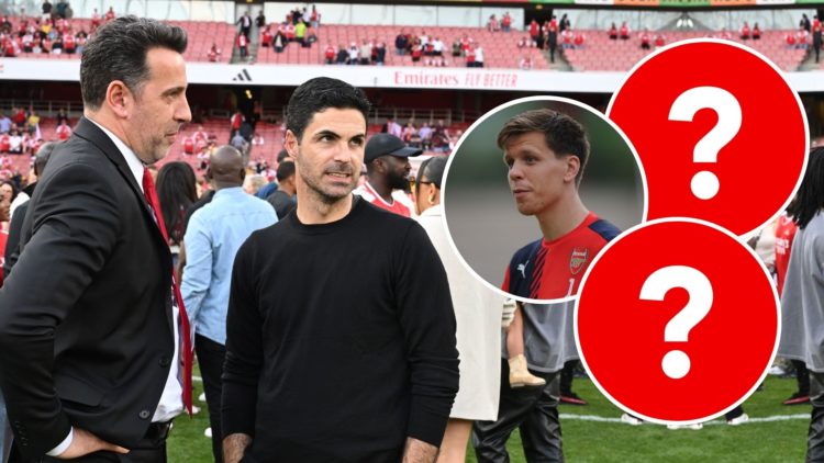 (L) Arsenal Sporting Director Edu and (R) manager Mikel Arteta after the Premier League match. Inset, Wojciech Szczensy of Arsenal and two question...