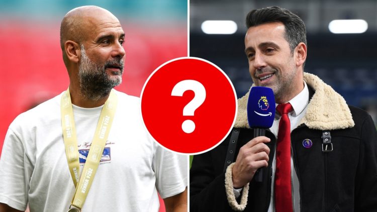Split image of Pep Guardiola and Edu Gaspar. Inset, a question mark on a red background.