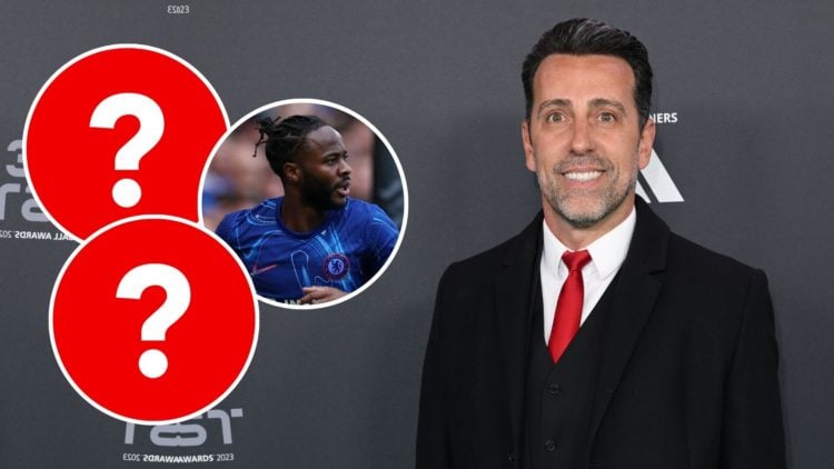 Edu Gaspar attends the Best FIFA Football Awards 2023 at The Apollo Theatre. Inset, Raheem Sterling and two question marks.