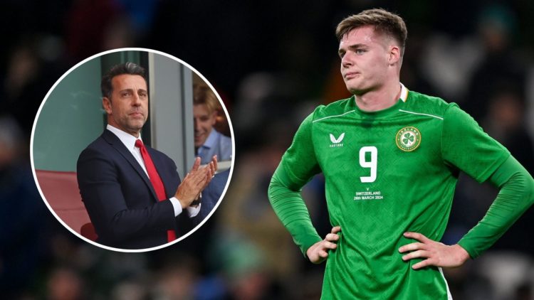 Evan Ferguson of Republic of Ireland after the international friendly match. Inset, Edu Gaspar.