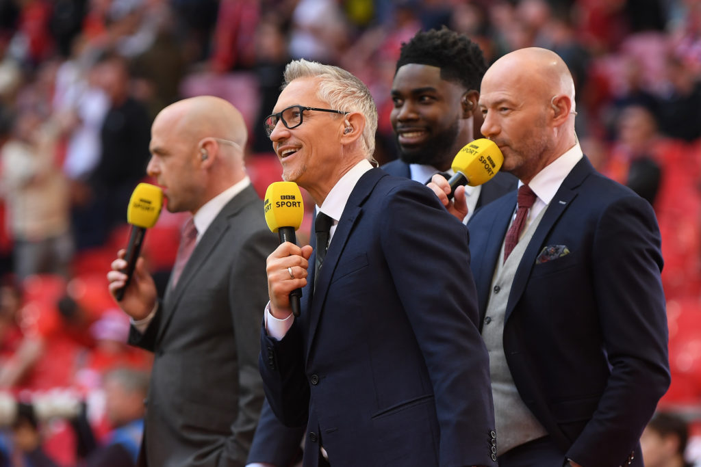 Gary Lineker and pundits Danny Murphy, Micah Richards and Alan Shearer react prior to The Emirates FA Cup Semi-Final match between Manchester City and Liverpool at Wembley Stadium.