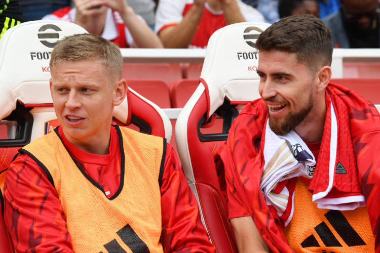 L and Jorginho of Arsenal react on the substitutes bench prior to the Premier League match between Arsenal FC and Fulham FC at Emirates Stadium on August 26, 2023 in London, England. (Photo by David Price/Arsenal FC via Getty Images