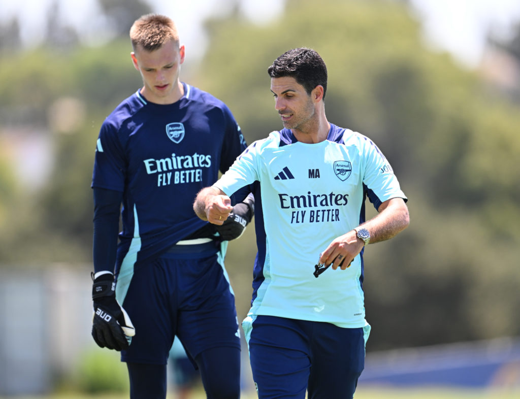 Karl Hein and Mikel Arteta during an Arsenal Training Session
