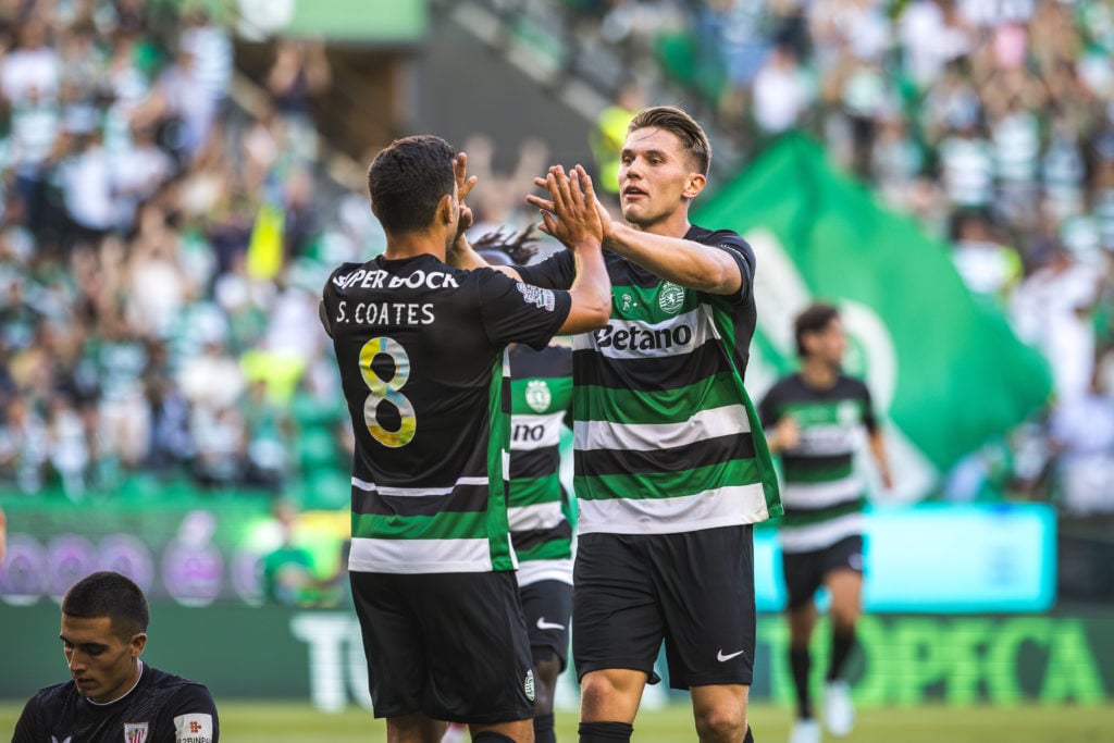 Pedro Goncalves and Viktor Gyokeres of Sporting CP celebrate