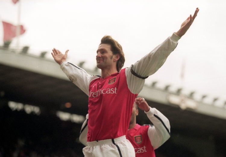 26 Dec 2000:  Tony Adams celebrates his goal for Arsenal during the FA Carling Premier League match against Leicester City played at Highbury in Lo...