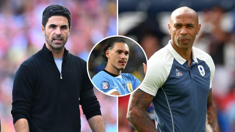 Split image of Mikel Arteta and Thierry Henry. Inset, Darwin Nunez.