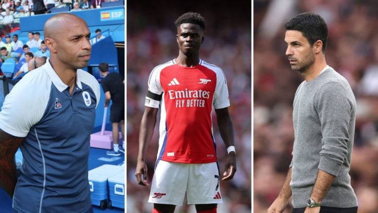 Split image of Thierry Henry, Bukayo Saka, and Mikel Arteta.