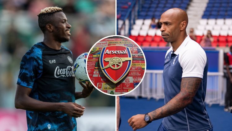 Split image of Thierry Henry and Victor Osimhen. Inset, a view of the Arsenal badge on the Emirates Stadium.