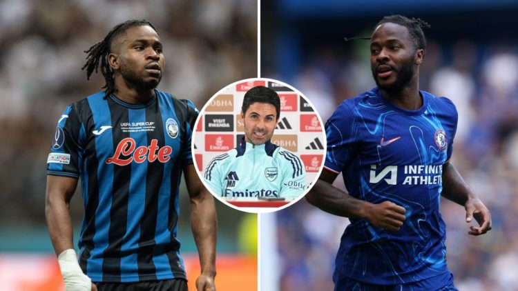 Split image of Raheem Sterling and Ademola Lookman. Inset, Mikel Arteta.
