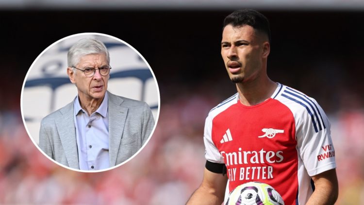 Gabriel Martinelli of Arsenal during the Premier League match. Inset, Arsene Wenger.