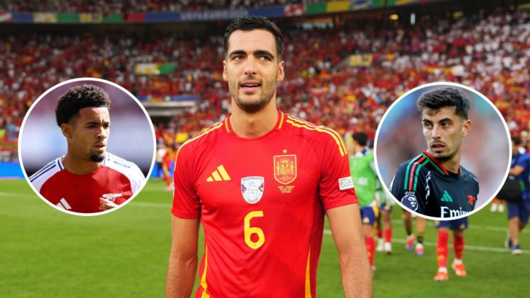 Mikel Merino of Spain reacts after victory in the UEFA EURO 2024 quarter-final match. Inset, Ethan Nwaneri and Kai Havertz.