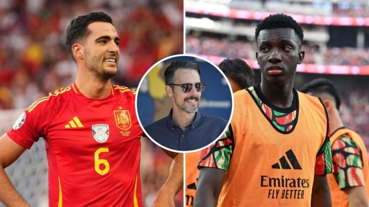 Split image of Mikel Merino and Eddie Nketiah. Inset, Josh Kroenke.