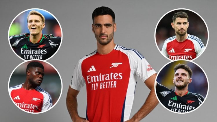 Arsenal unveil new signing Mikel Merino at Sobha Realty Training Centre. Inset, Declan Rice, Thomas Partey, Jorginho, and Martin Odegaard.