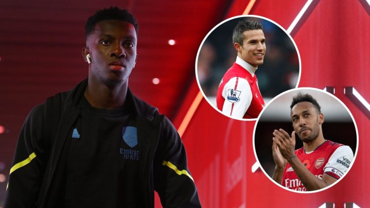 Eddie Nketiah of Arsenal arrives at the stadium prior to the Premier League match. Inset, Robin van Persie and Pierre-Emerick Aubameyang.