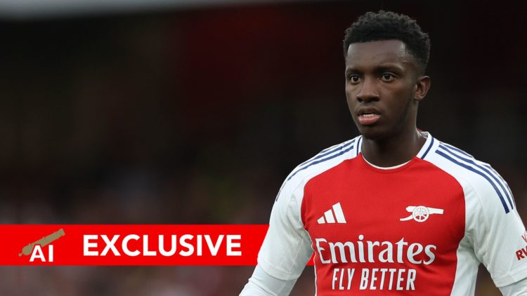 Eddie Nketiah of Arsenal during the pre-season friendly match. Overlaid, an exclusive banner.