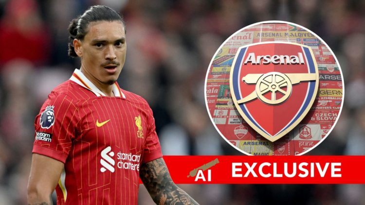 Darwin Nunez of Liverpool during the Premier League match. Inset, the Arsenal badge. Overlaid, an exclusive banner.