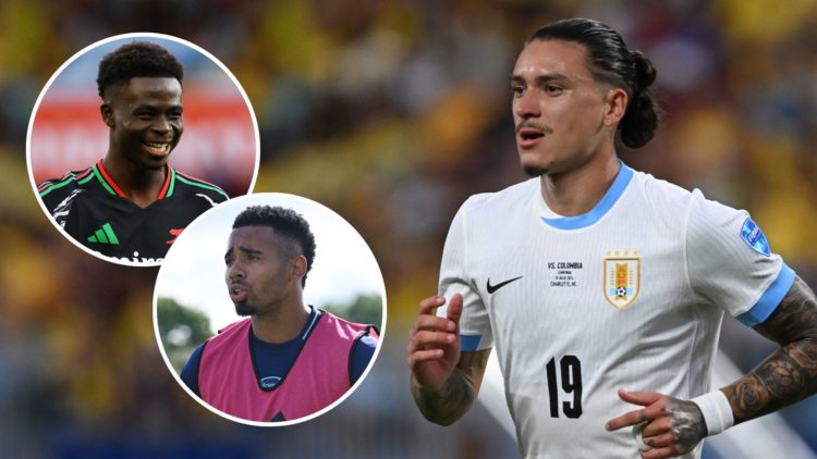 Darwin Nunez #19 of Uruguay during the first half of the semi-final match between Uruguay and Colombia. Inset, Bukayo Saka and Gabriel Jesus.