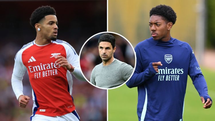 Split image of Ethan Nwaneri and Myles Lewis-Skelly. Inset, Mikel Arteta.