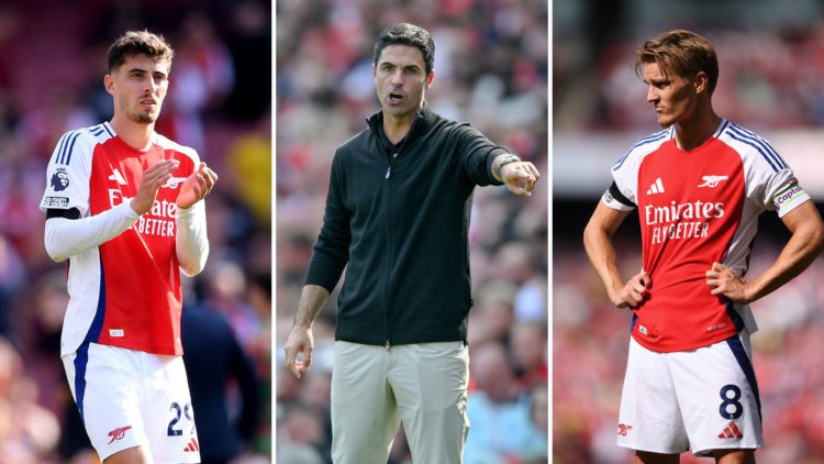 Split image of Kai Havertz, Mikel Arteta, and Martin Odegaard.