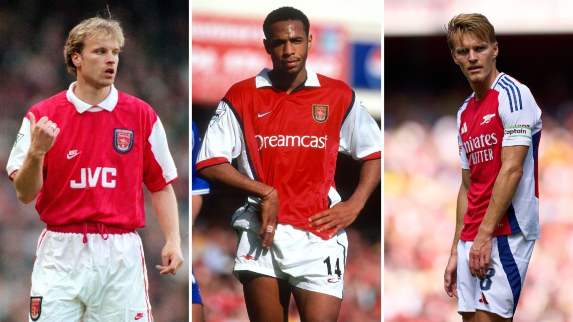 Split image of Martin Odegaard, Thierry Henry, and Dennis Bergkamp.