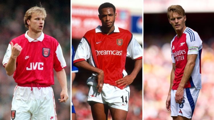 Split image of Martin Odegaard, Thierry Henry, and Dennis Bergkamp.