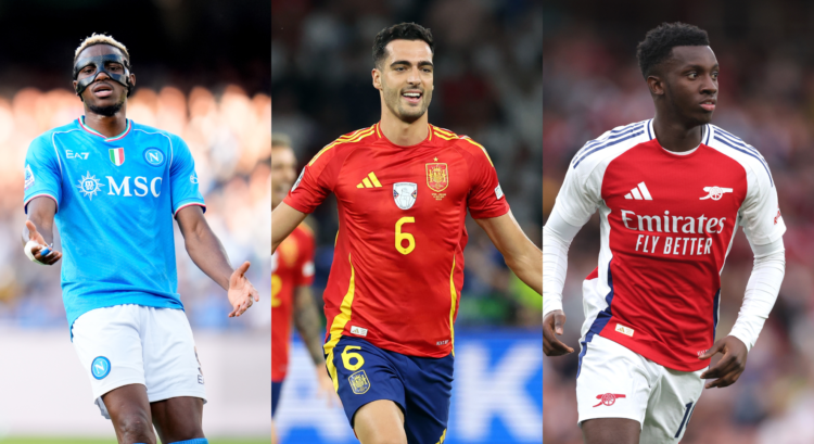 A composition of images featuring Napoli star Victor Osimhen, Real Sociedad's Mikel Merino and Arsenal's Eddie Nketiah.