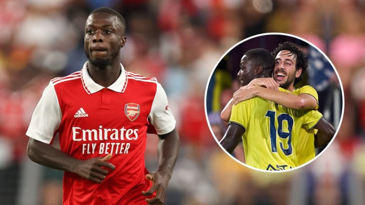 Nicolas Pepe of Arsenal during the pre season friendly between Arsenal and Everton. Inset, Dani Parejo of Villarreal CF celebrates after scoring th...