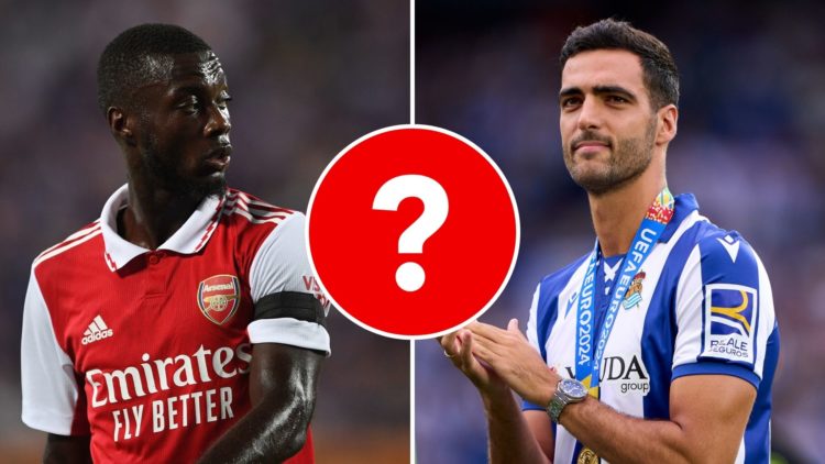 Split image of Nicolas Pepe and Mikel Merino. Inset, a question mark.