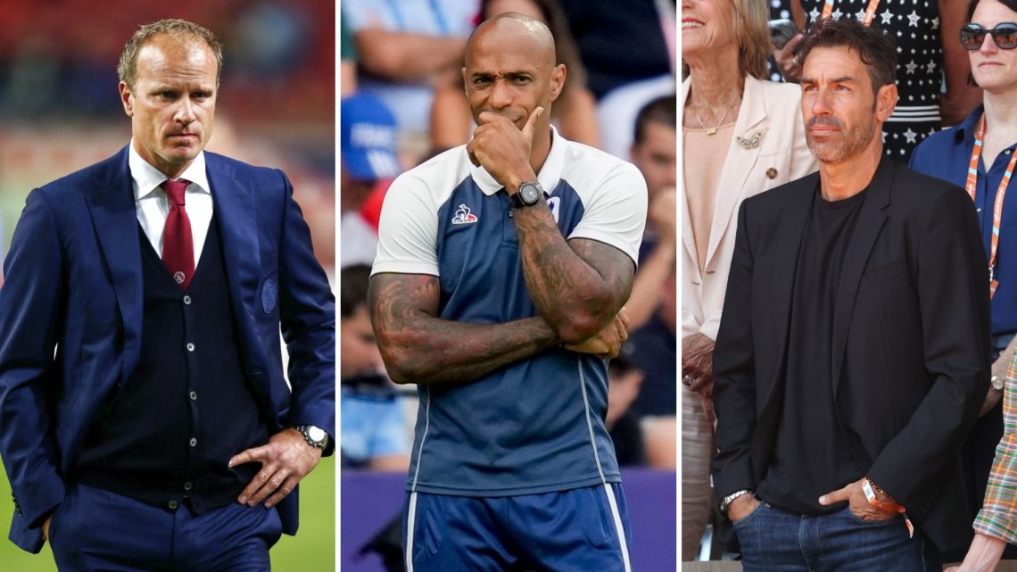 Split image of Dennis Bergkamp, Thierry Henry, and Robert Pires.