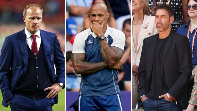 Split image of Dennis Bergkamp, Thierry Henry, and Robert Pires.