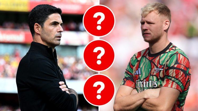Split image of Ramsdale and Arteta. Inset, three question marks.