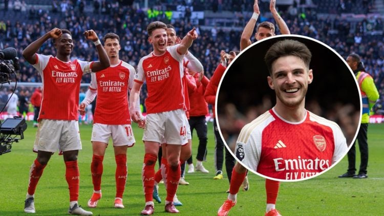 Bukayo Saka, Gabriel Martinelli, Declan Rice and Jakob Kiwior of Arsenal celebrate after during the Premier League match. Inset, Declan Rice laughing.