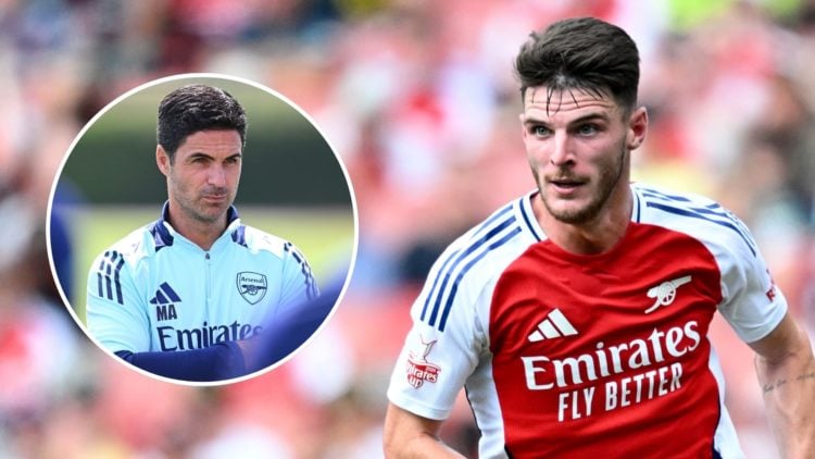 Declan Rice of Arsenal runs with the ball during the Pre-Season Friendly match. Inset, Mikel Arteta.