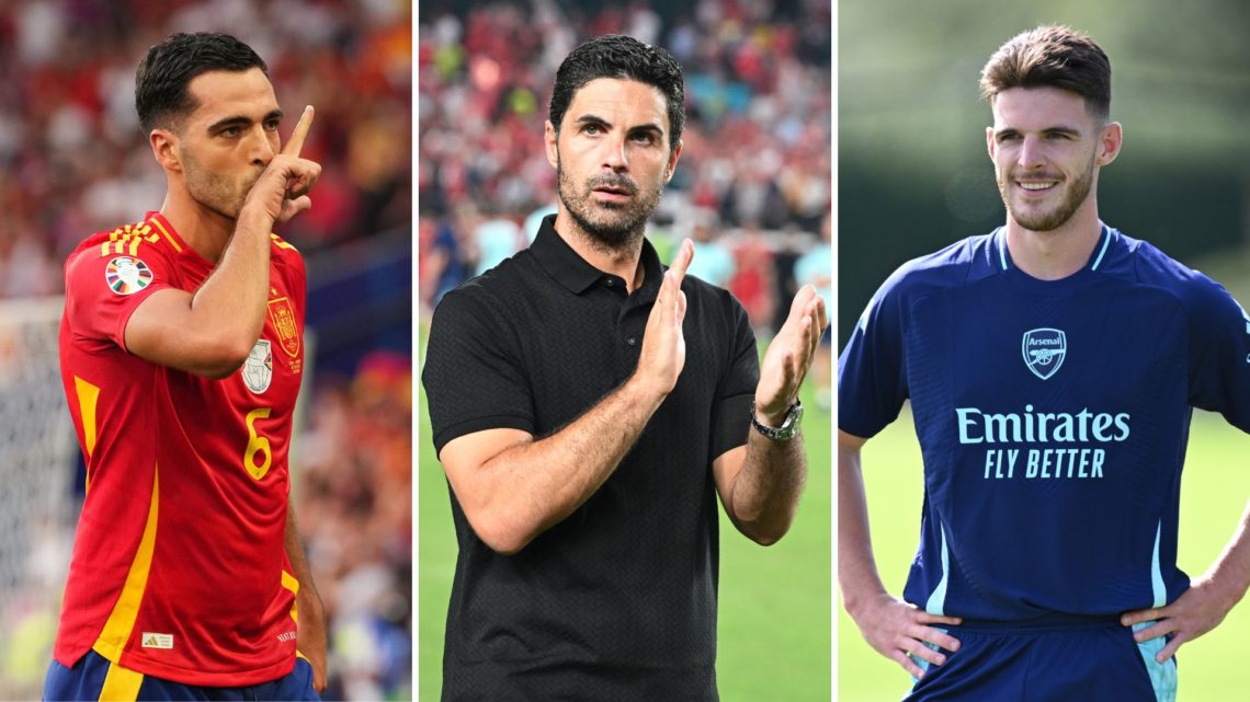 Split image of Mikel Merino, Mikel Arteta, and Declan Rice.