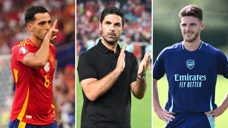 Split image of Mikel Merino, Mikel Arteta, and Declan Rice.