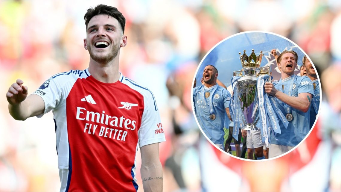 Declan Rice of Arsenal acknowledges the fans after the team's victory in the Premier League match. Inset, Man City lifting the Premier League trophy.